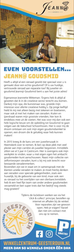 Winkelcentrum Geesterduin - ondernemer van de week - Jeann@ Goudsmid advertentie